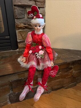 Cynthia Rowley Red and Pink Valentine Elf Doll with Rose Accents
